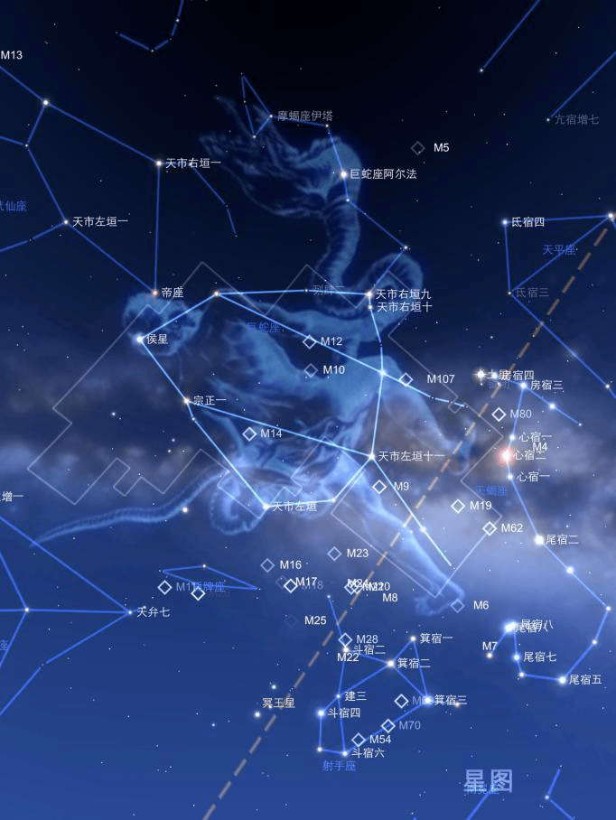 请大家用这张星图试着寻找一下蛇夫座及其中的深空天体吧!