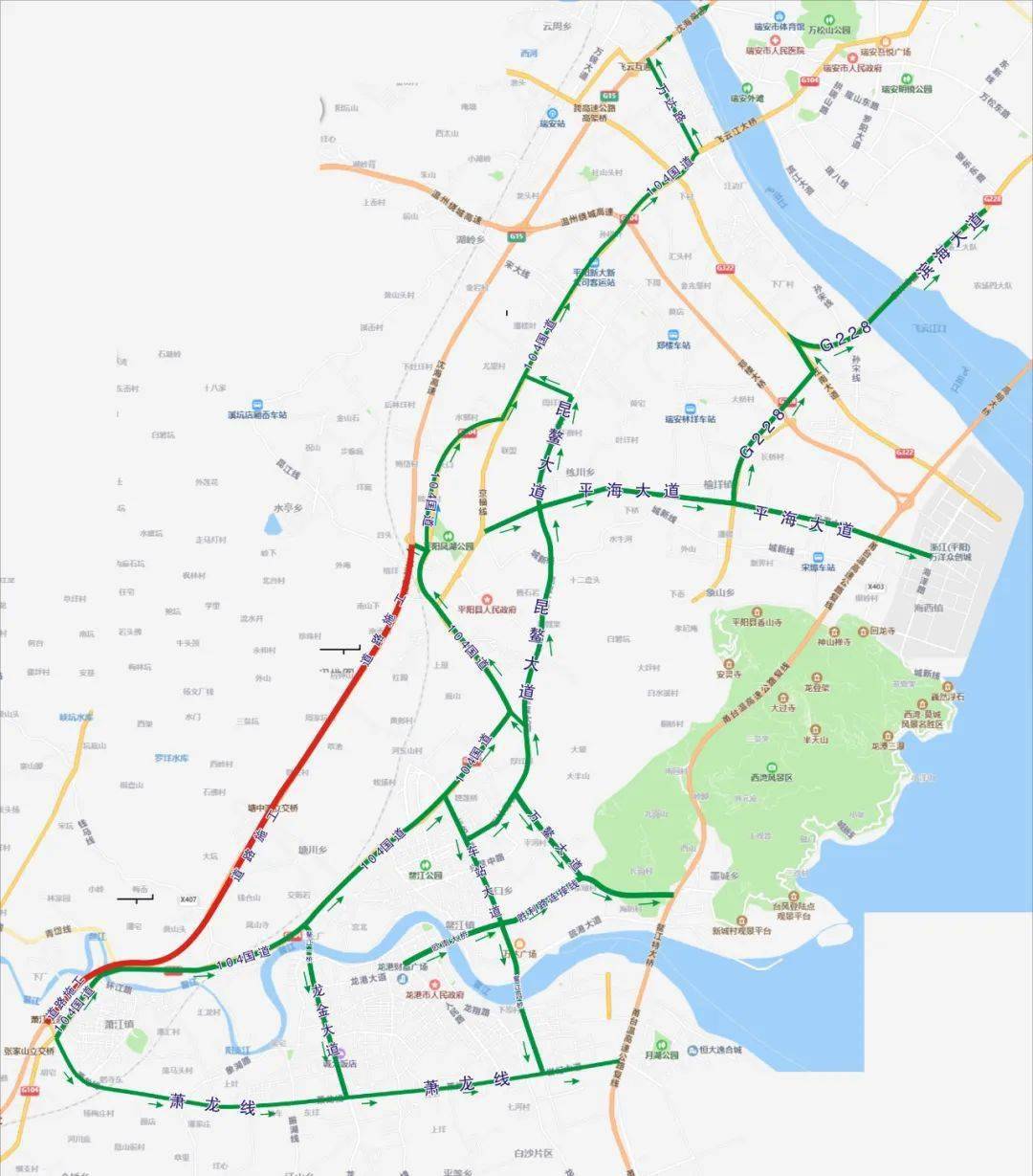 或经万鳌公路,昆鳌大道至飞鳌大道,鳌江上甬莞高速.