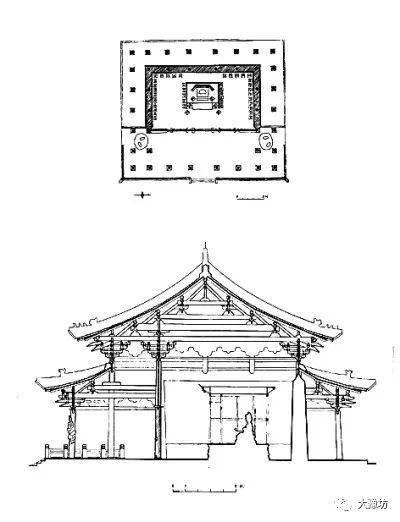 晋祠圣母殿平面剖面——引自《中国古代建筑史》