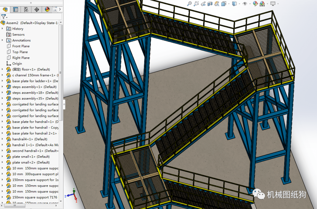 【工程机械】三层钢结构工业楼梯平台3d数模图纸 solidworks设计