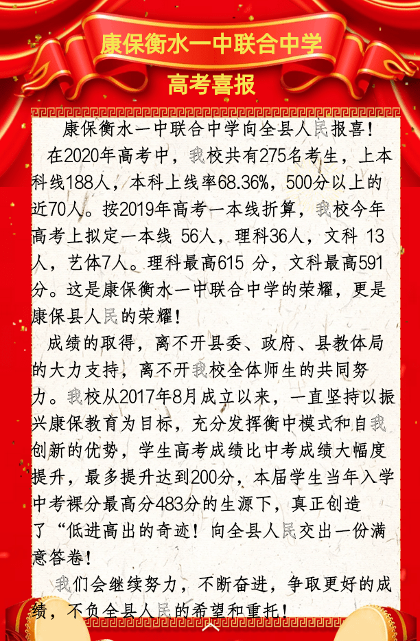 康保衡水一中联合中学2020年高考喜报现在我校教育教学管理质量和水平