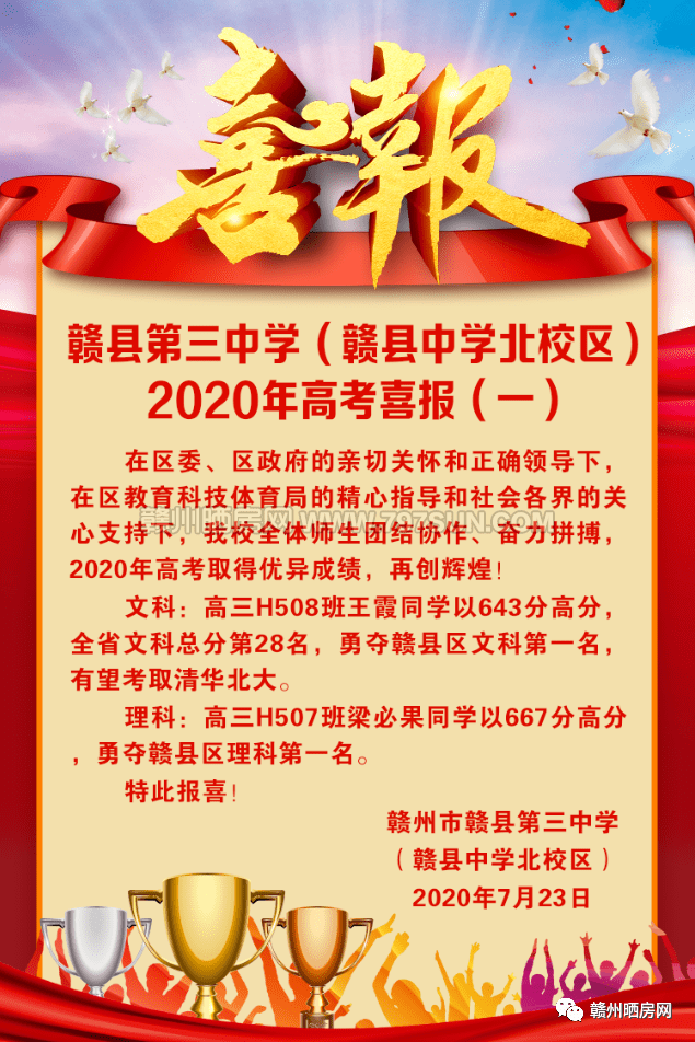 2020年赣州高考喜报,于都中学理科裸分全市第一