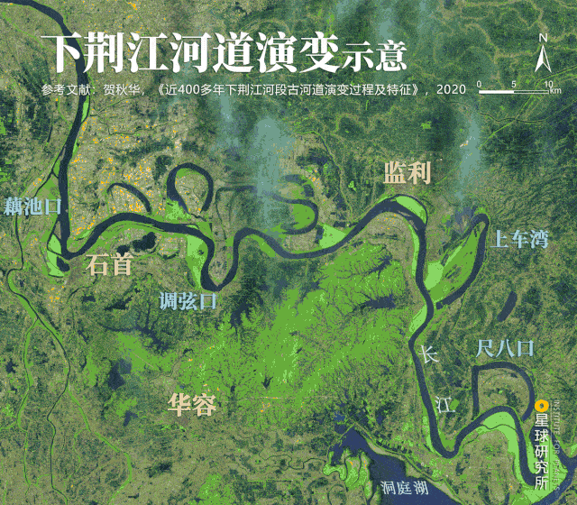 (下荆江河道演变示意,其中 中洲子 和 上车湾 为人工裁弯,下荆江指藕