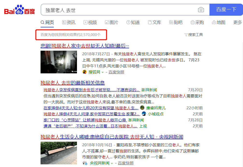 再打开百度，搜一搜“独居老人去世”的关键词，结果一定让你触目惊心。