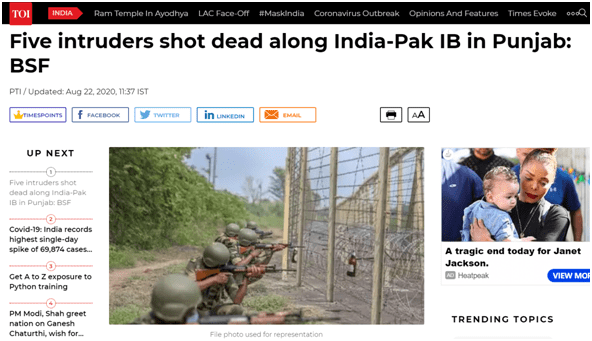 突发！印媒：印度边境安全部队在印巴边境击毙5名“入侵者”