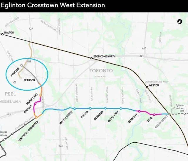 crosstown,commuter eglinton crosstown west延伸工程示意图