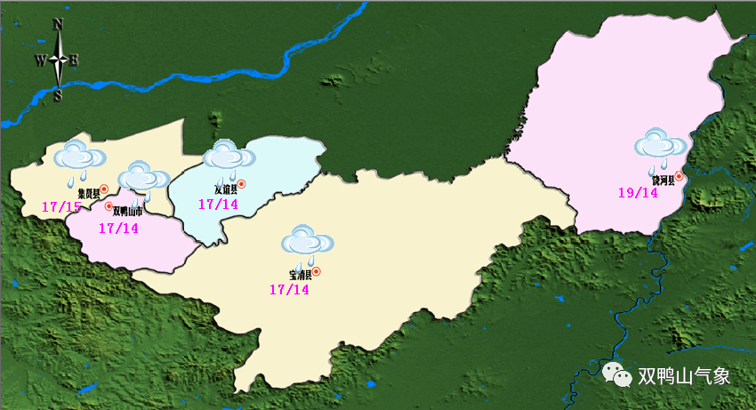 14℃/17℃;集贤县:小雨,15℃/18℃;友谊县:小雨,14℃/17℃;宝清县