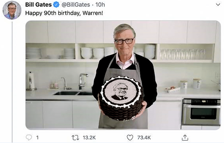 巴菲特|比尔·盖茨做蛋糕为巴菲特90岁庆生：他像一年级学生一样吃饭