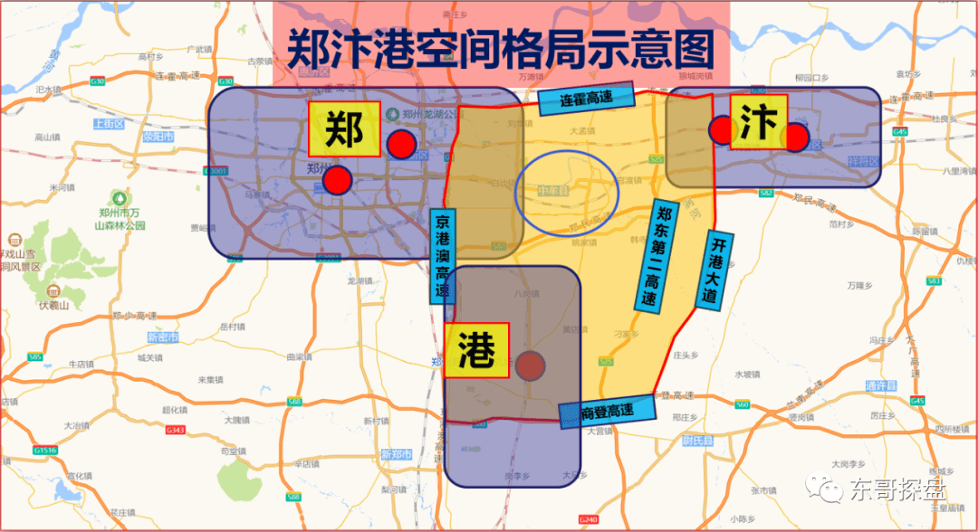 如下图,"郑汴港"的中心区域内,大部分行政区域归属——中牟.