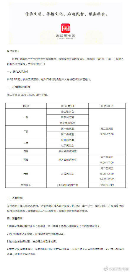 调整|武汉图书馆关于入馆服务调整的通知