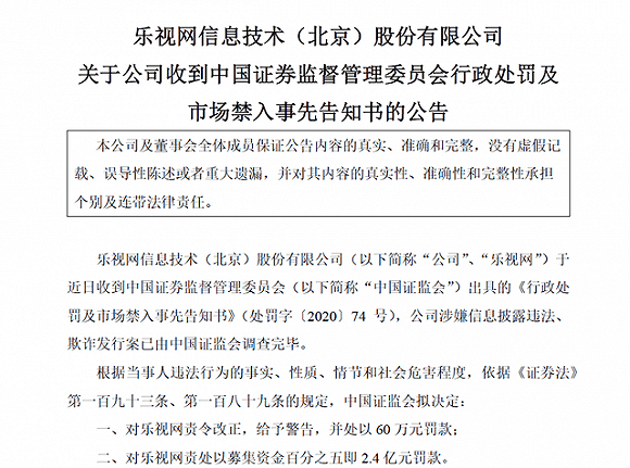 2019年|快看 | 乐视遭证监会罚款2.4亿元，因涉嫌信息披露违法