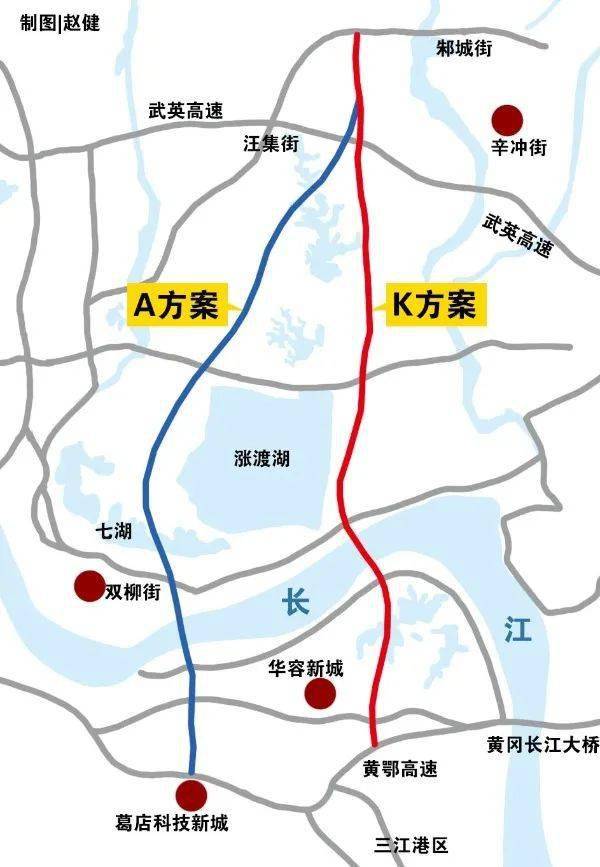 新港高速双柳长江大桥及接线工程的a,k两种方案的线路走向.