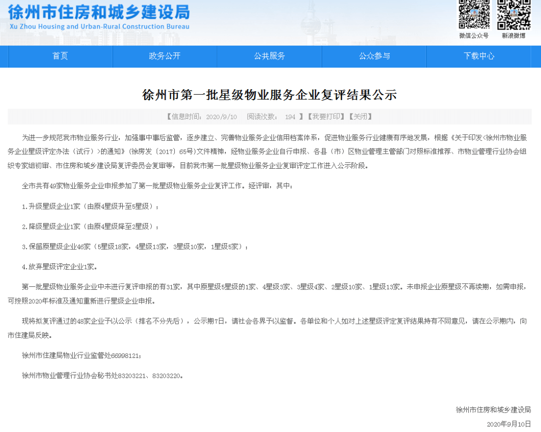 徐州市第一批星级物业服务企业复评结果公示