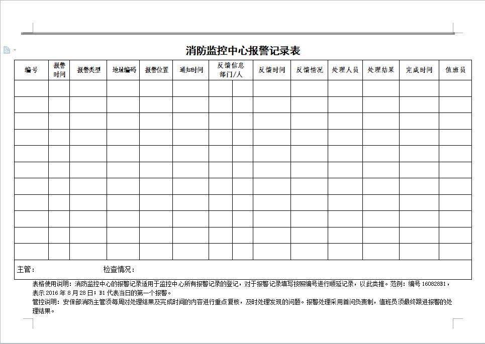 消防监控中心报警记录表