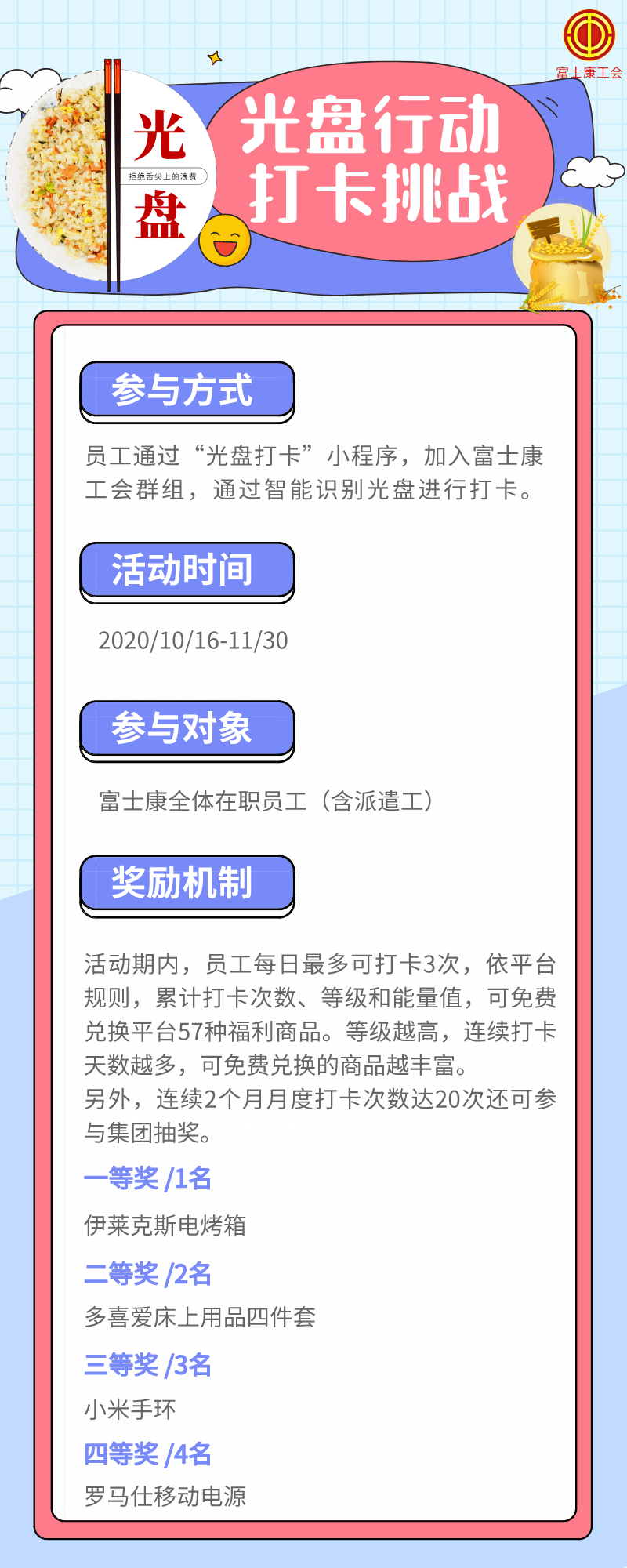 富士康光盘行动打卡挑战赛,火热集结中!还有超多礼品等你拿!