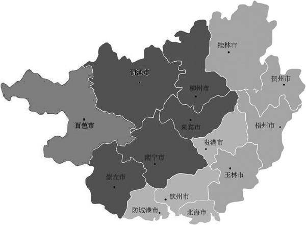 图为广西行政区域划分  甘蔗生长情况汇总  亩有效茎增减不一