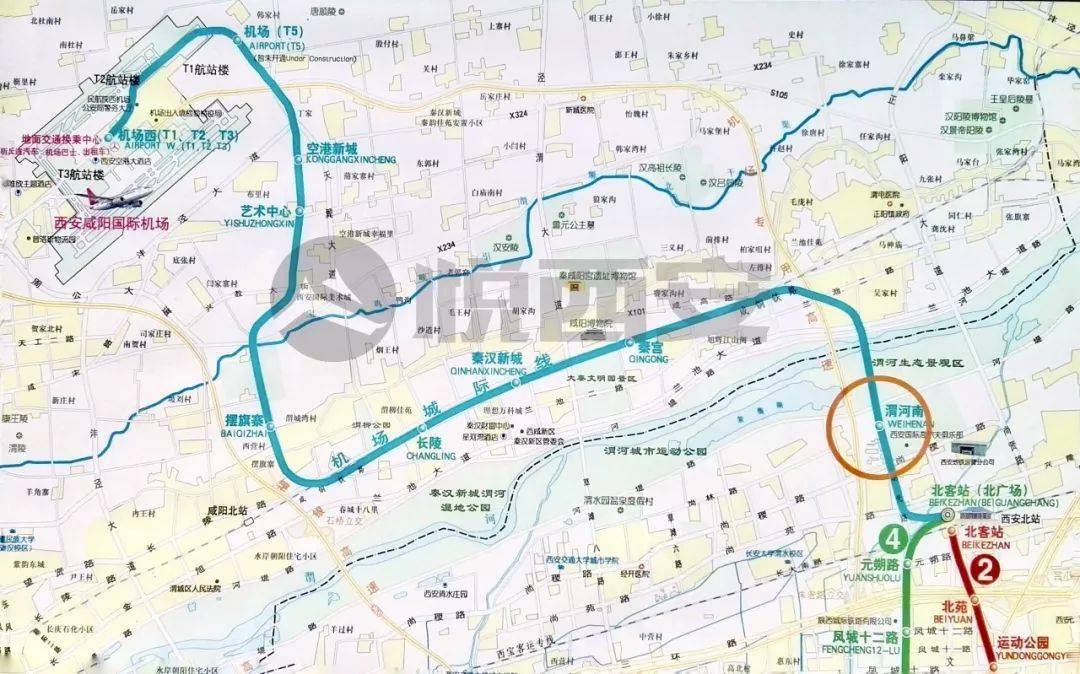 机场城际线路图待明年通车后,地铁将从机场到西安北站,奥体中心和