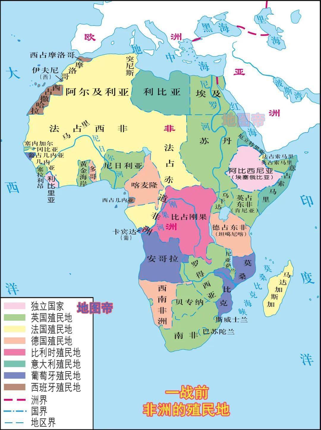 法属非洲的土地大致可分为法属北非,法属西非,法属赤道非洲和法属