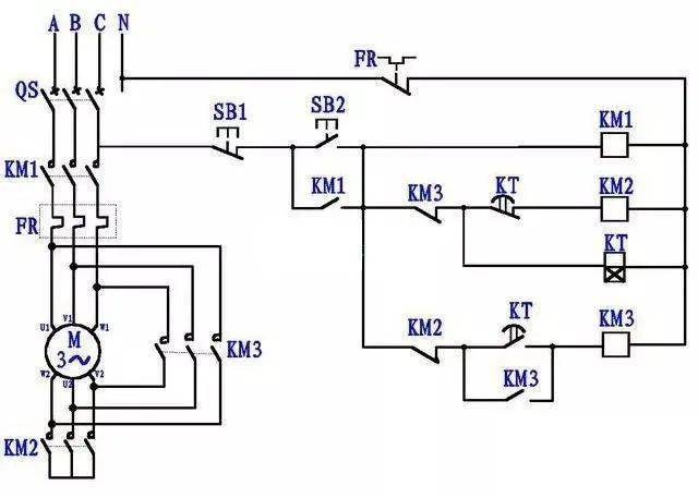 图1图1即为星三角降压启动电路图,qs为断路器,km1主接触器,km2星形