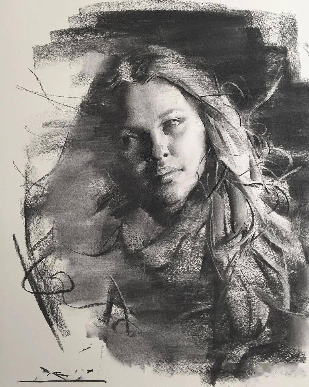 用木炭条画素描,笔触大刀阔斧,调子666,每次用它画画