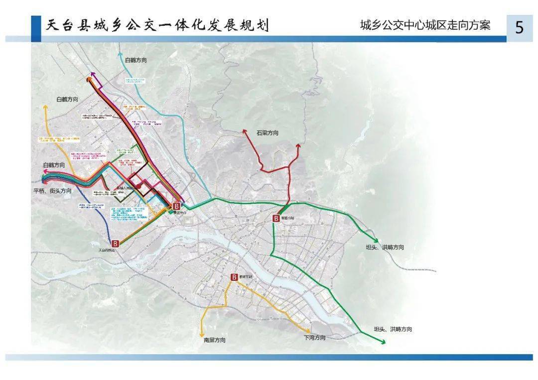 4  城乡公交近期方案 5  城乡公交中心城区走向方案 来源:天台交通