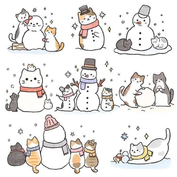 简笔画素材|一大波治愈系手绘猫猫小插画 圣诞节主题