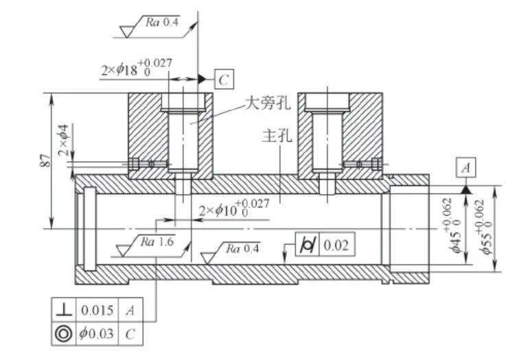 (3)台阶半盲孔加工难清根小旁孔中内孔为台阶孔,由于台阶孔相接处无