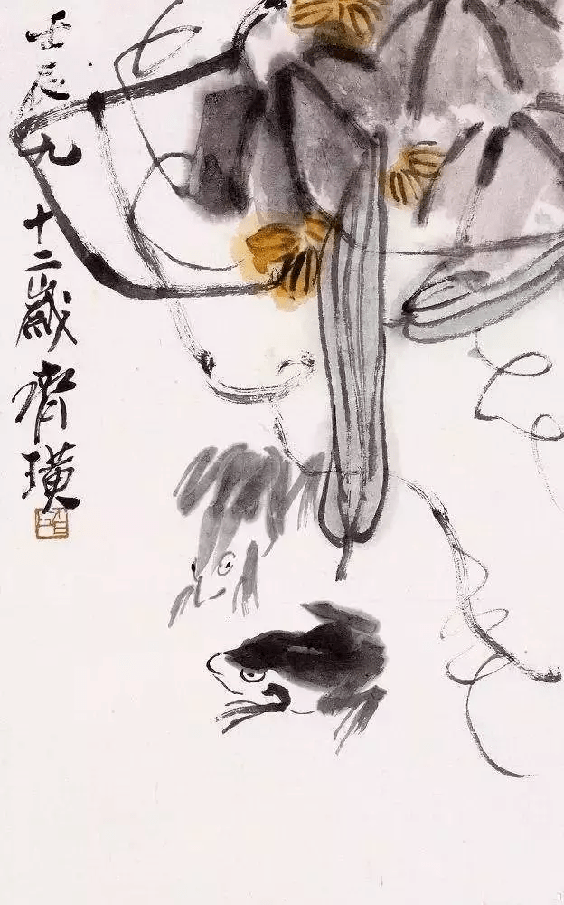 《花鸟》,画面中大而繁的物象都布置在左边,右边