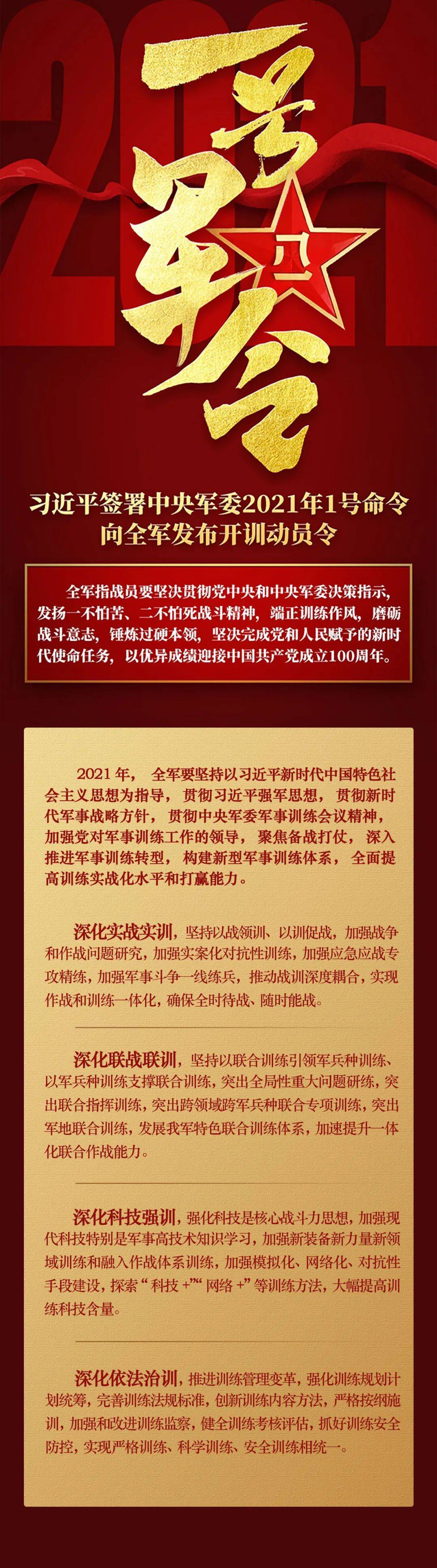 习近平签署中央军委2021年1号命令 向全军发布开训动员令