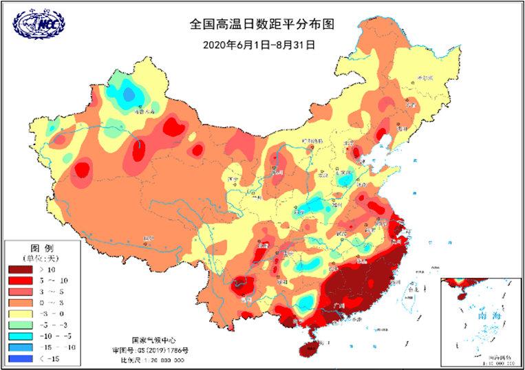 2020年夏季全国高温日数距平分布图