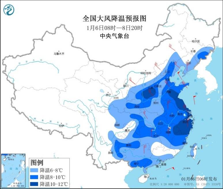 寒潮天气继续影响我国中东部 东部和南部海域有大风