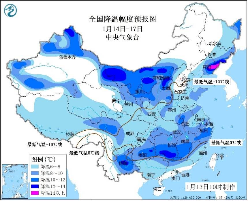 中央气象台制作的全国降温幅度预报图,粤北部分地区预计会在新一轮冷