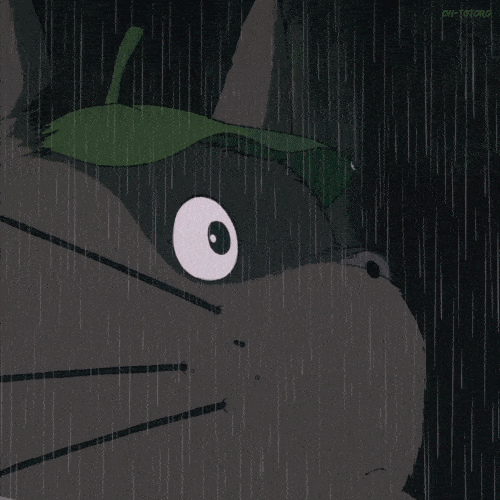 图为:动态图,出自宫崎骏《龙猫》,下雨天大龙猫头顶荷叶,荷叶上的水珠
