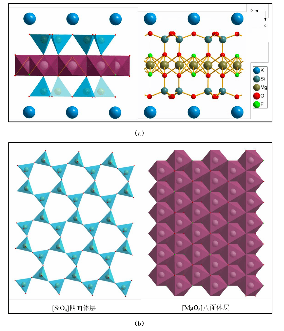 合成云母是由两层硅氧四面体层夹着一层镁氧(氟)八面体层(o)组成的