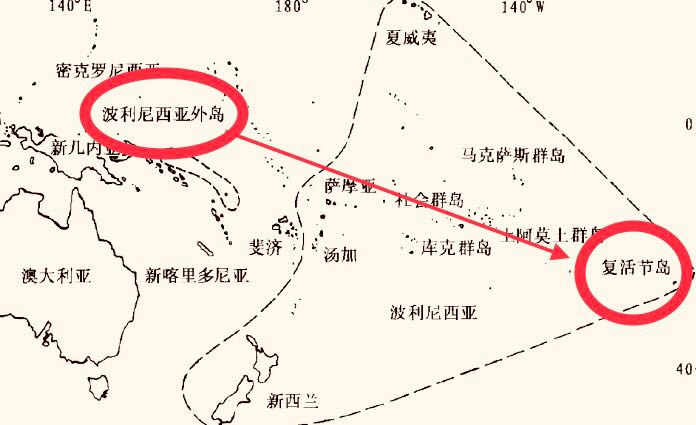 波利尼西亚群岛到复活节岛方位示意和路径