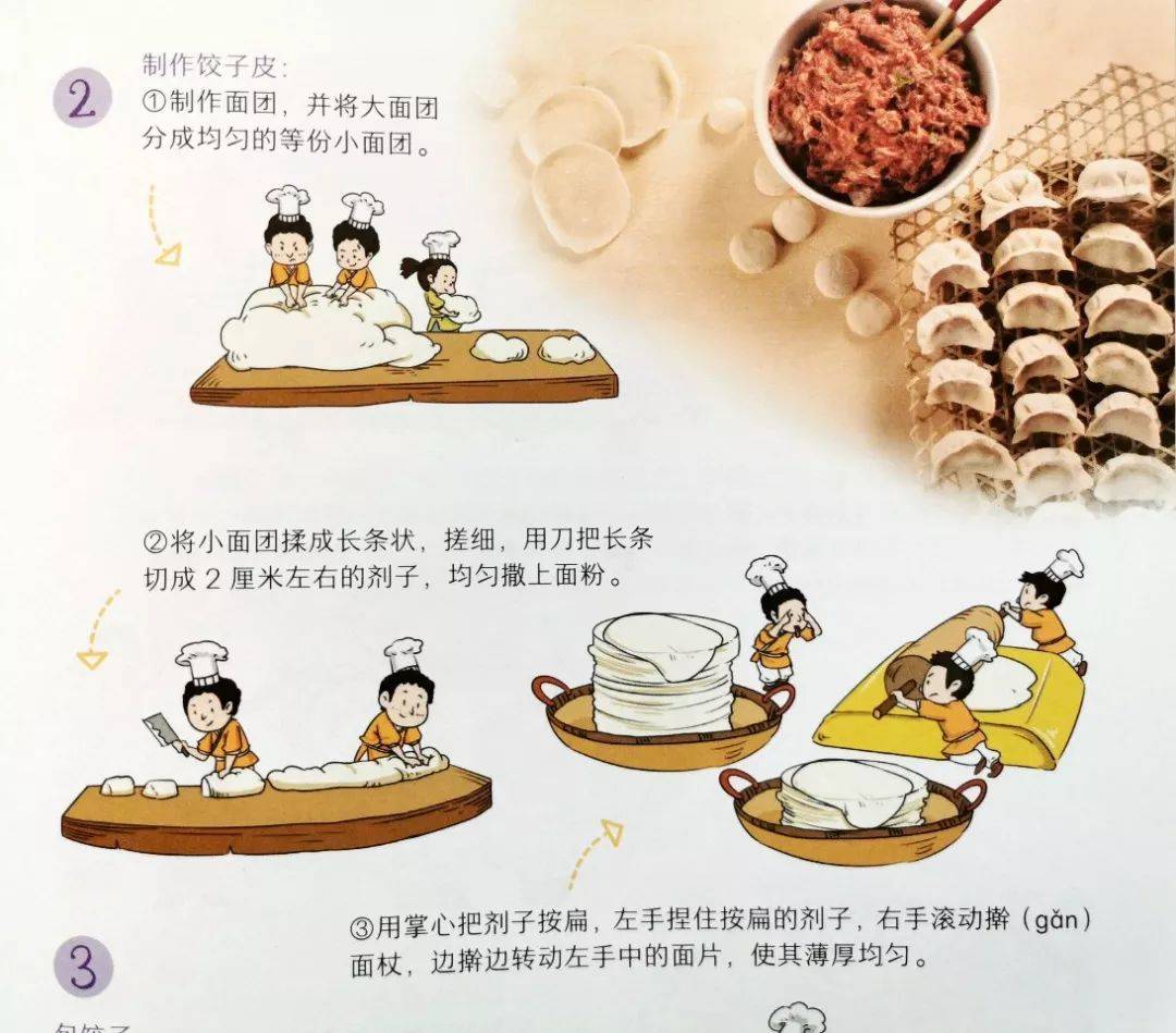 书中会用一幅幅生动可爱的 插图,给孩子诠释饺子的制作工艺流程