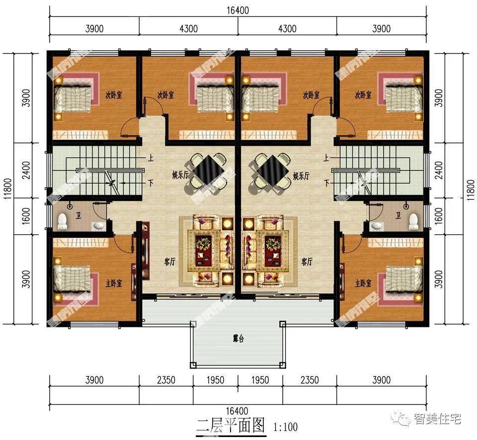 宽16米左右,造型完全不同的两栋双拼别墅,户型一简约造价低