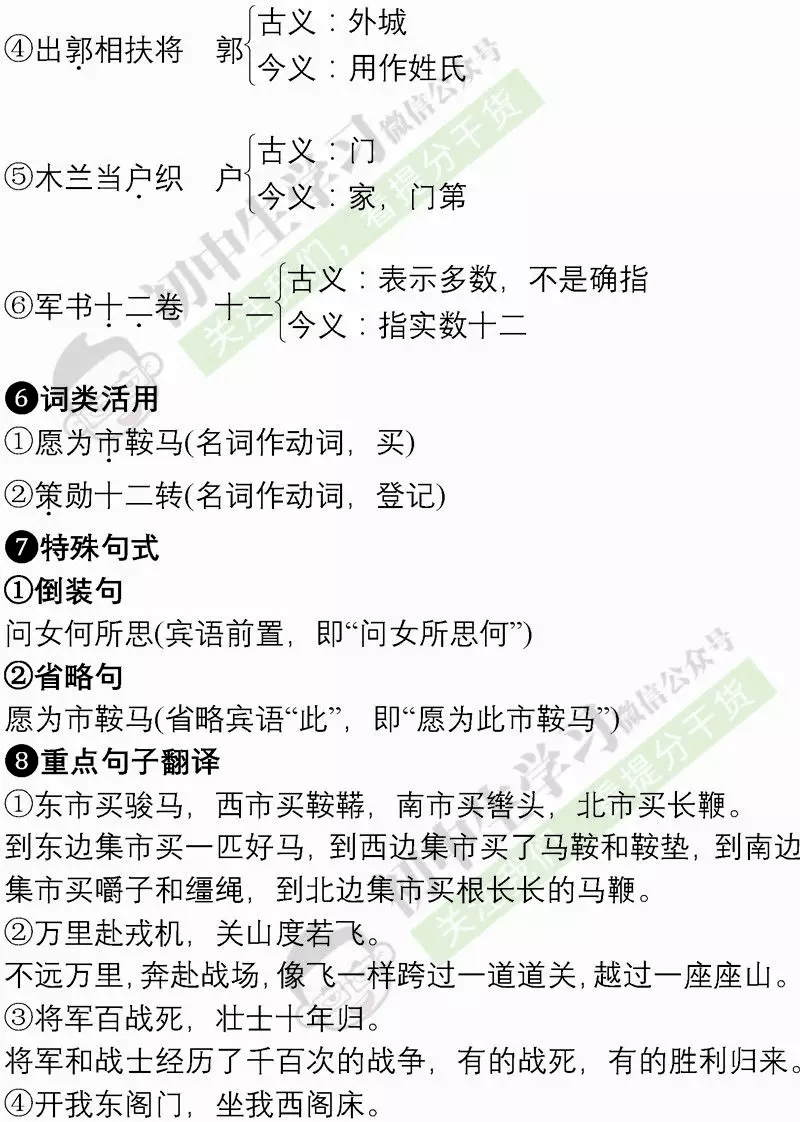 七年级语文下册木兰诗重要知识点归纳整理