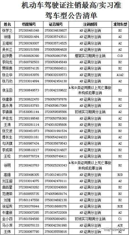 滨州这127人的机动车驾驶证被注销最高准驾车型/实习准驾车型