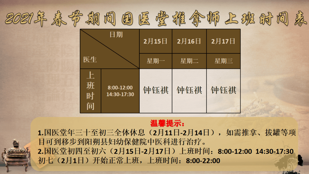 【收藏】阳朔县妇幼保健院门诊科室医生出诊一览表(2月8日-2月17日及