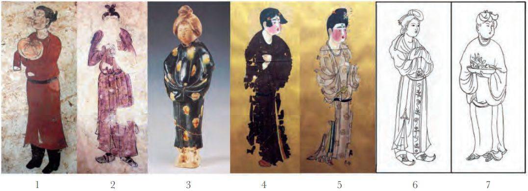 脑后梳角状发髻(图六:1);咸亨四年(673年)房陵公主墓紫袍侍女,发顶梳