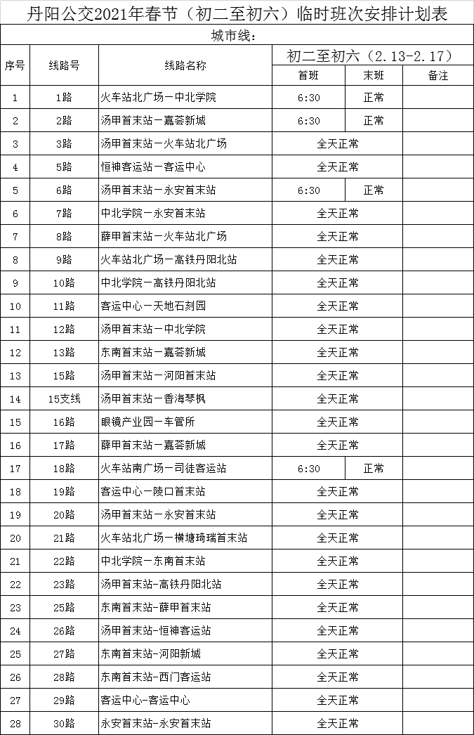 2021年春节 初二至初六)临时班次计划表