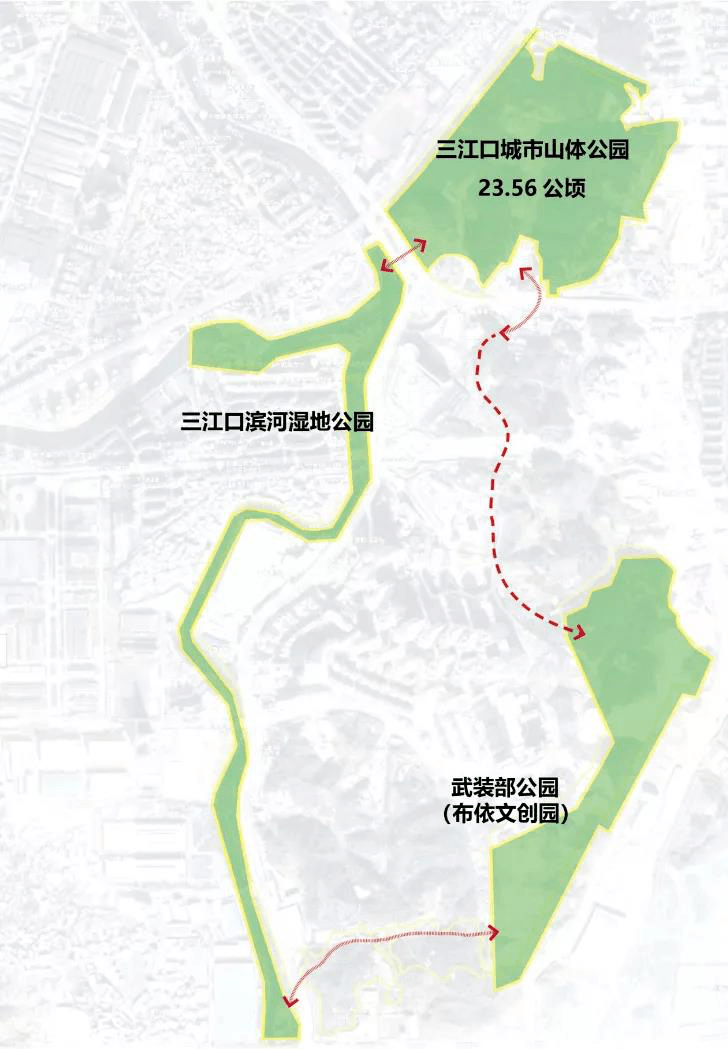 一期建设内容为山体公园和滨河公园,山体部分占地面积353亩,主要有