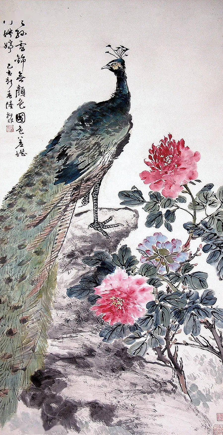 陆抑非 孔雀牡丹 1959年 138×69cm