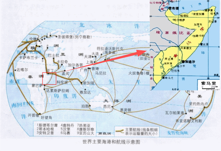 国家中,索马里和吉布提扼守地中海与印度洋海上交通的必经之路-亚丁湾