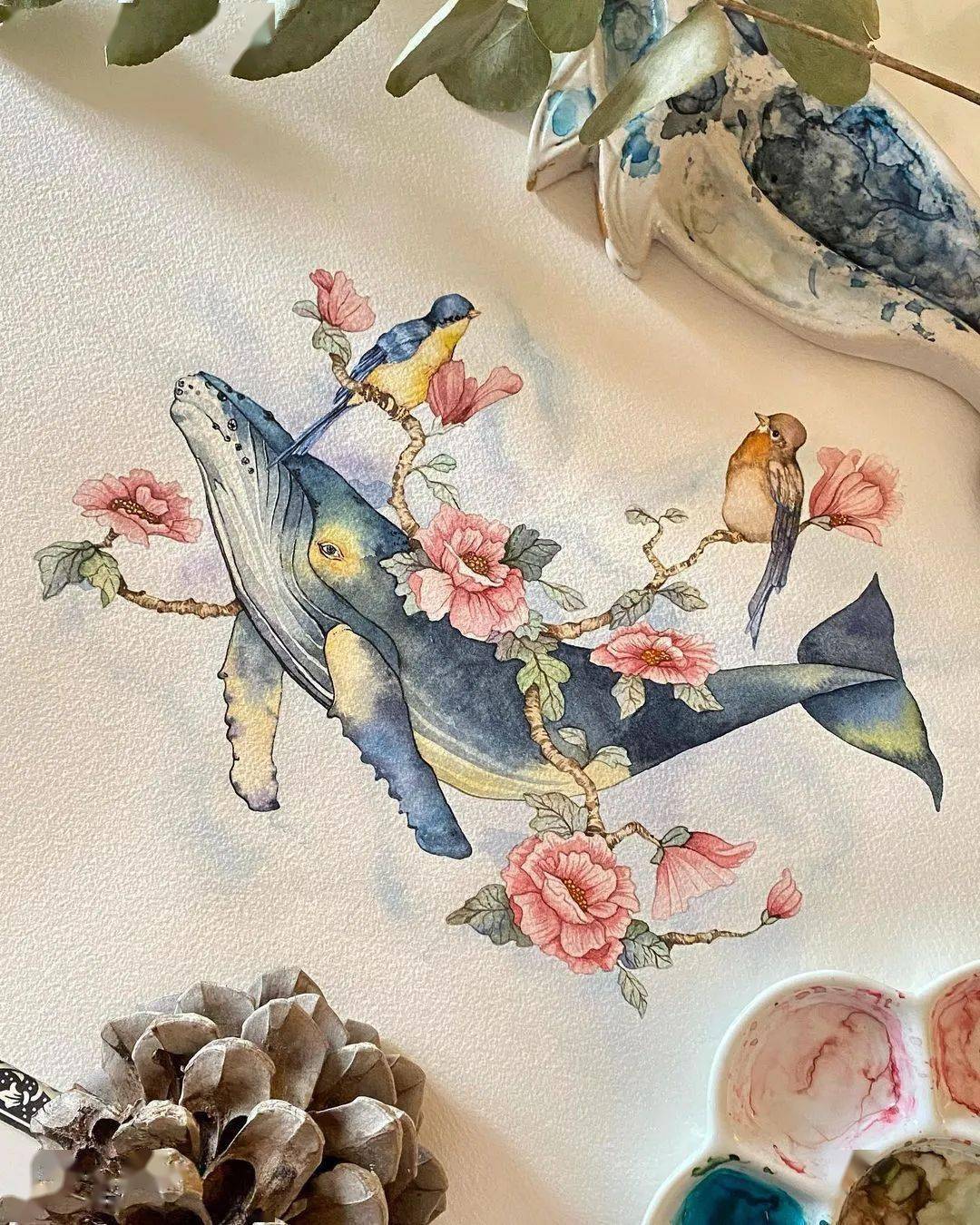 唯美的鲸鱼水彩插画