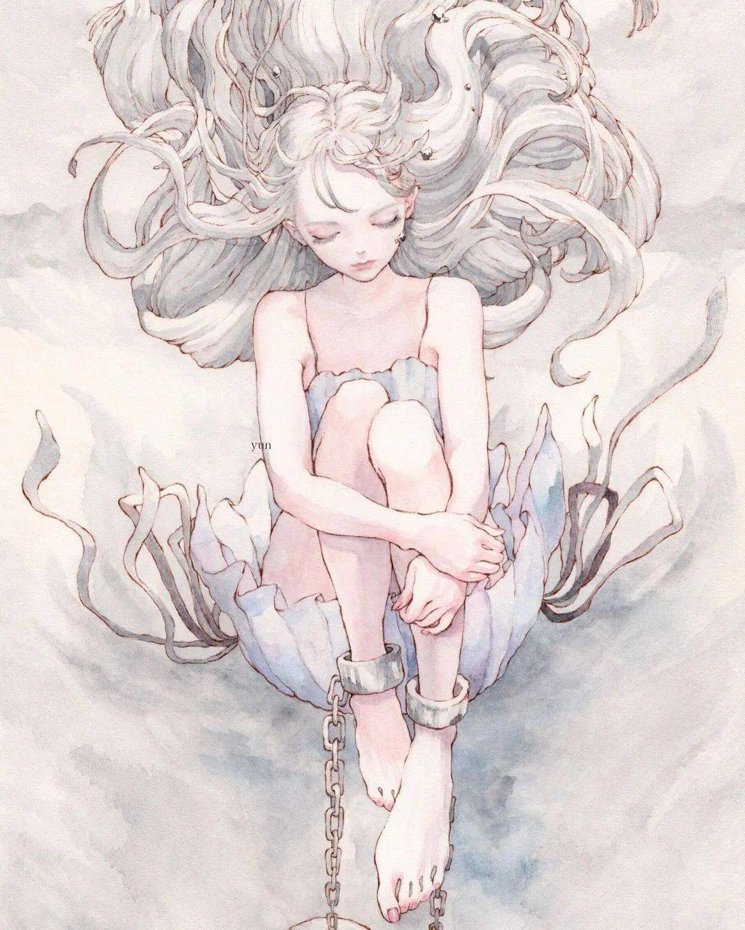 意境非常好的水彩动漫少女爱画亦爱人