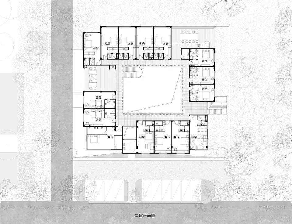 ▼建筑内院漫游  ▼接待厅室内  ▼总平面图  分享的第二个民宿,都是