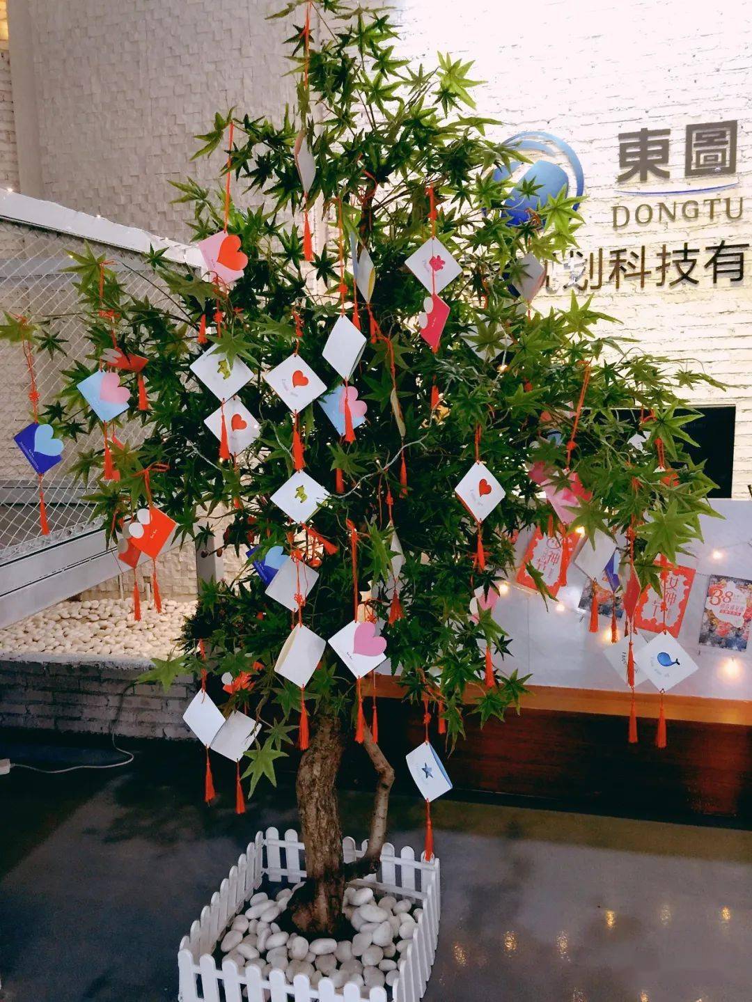 现场"许愿树"的样子公司的男同事提前为全体女同事们准备的手写贺卡
