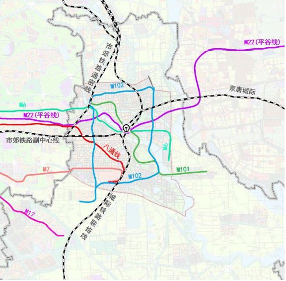 六横:6号线,22号线(平谷线),八通线,市郊铁路城市副中心线,京唐城际